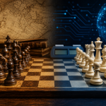 Symbolic illustration of the evolution of chess rules, featuring a classic wooden chessboard gradually transforming into a modern digital playing environment with an electronic chess clock, representing the game's development over the past 200 years.