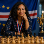 Ilustração realista da vitória de Deise Pereira no Campeonato Feminino de Xadrez de Cabo Verde: um tabuleiro de xadrez, um troféu de campeã e a vencedora simbolizam a bem-sucedida defesa do título nacional.