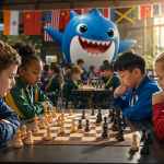 Young chess players compete at the international tournament in Stellenbosch while a large blue shark mascot creates a festive atmosphere during the closely contested battle for first place.